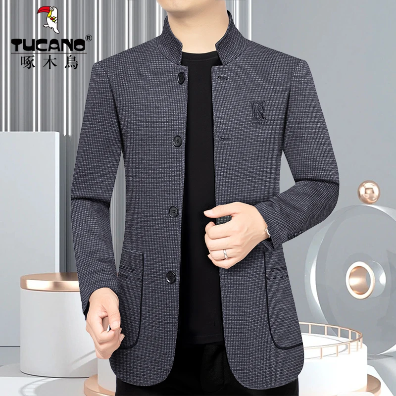 啄木鸟正品春秋季新款中年男士立领外套时尚纯色修身外套男装夹克