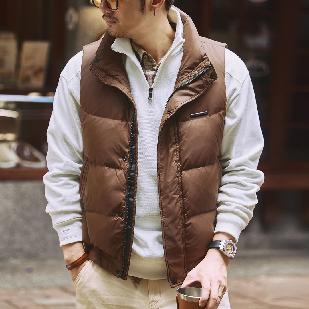 格蓝鹿高端美式复古轻薄羽绒马甲男秋冬潮牌咖色背心羽绒服男外套