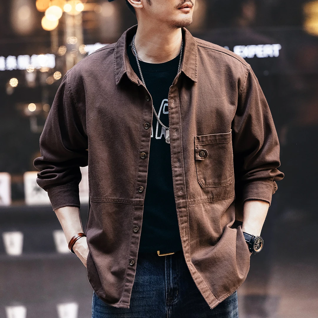 格蓝鹿高端复古丝光工装衬衫男秋冬季潮牌宽松阿美咔叽夹克男外套