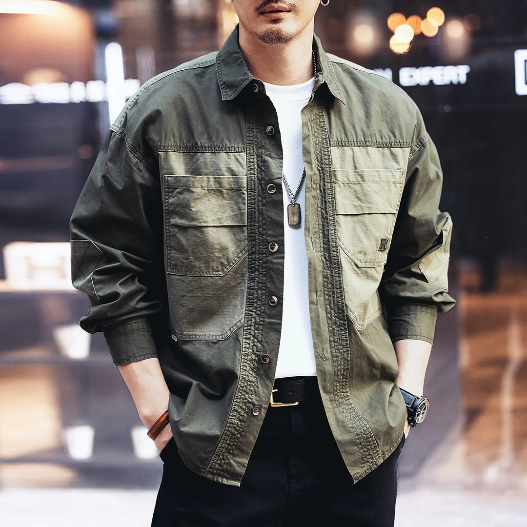 格蓝鹿美式复古拼接工装长袖衬衫男春季潮牌宽松痞帅休闲宽松衬衣