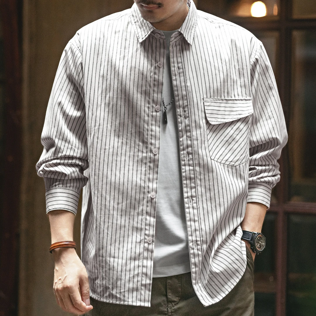 格蓝鹿高端复古条纹衬衫男士外套秋季新款宽松潮牌休闲工装衬衣男