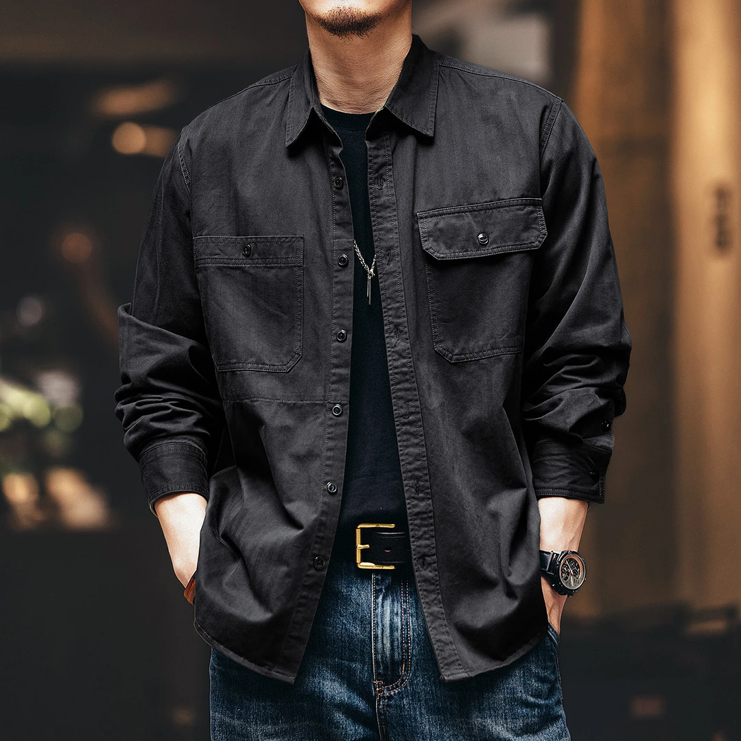 格蓝鹿美式复古长袖衬衣男外套潮牌宽松春夏季猎装牛仔工装衬衫男