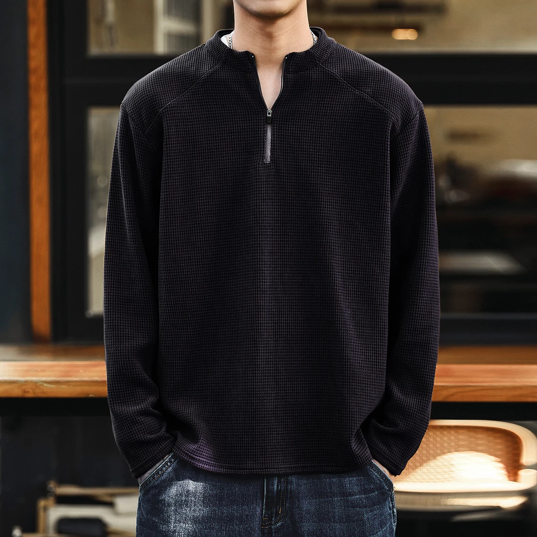 格蓝鹿黑色复古半拉链立领卫衣男秋冬宽松肌理感华夫格硬汉打底衫