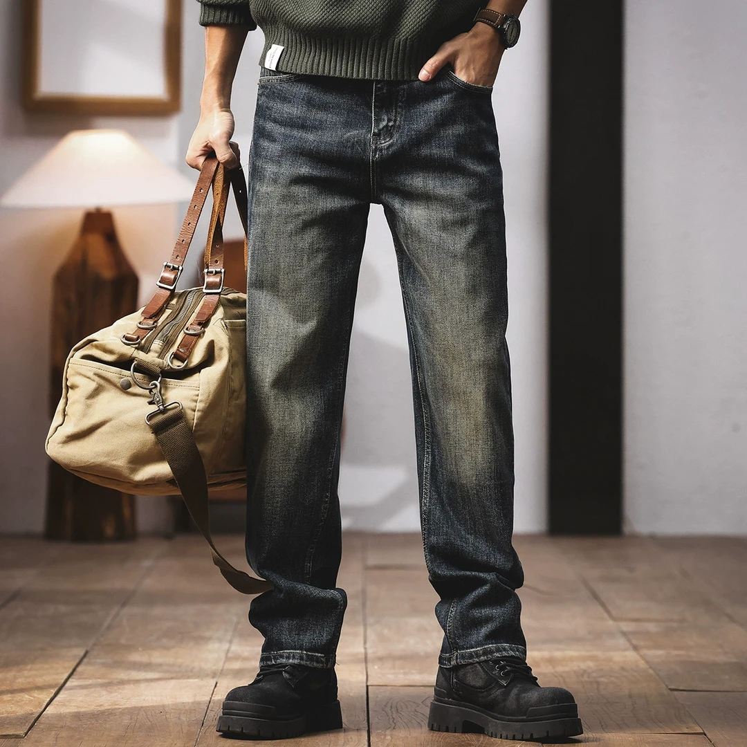 格蓝鹿高端美式复古蓝水洗牛仔裤男直筒宽松春秋加绒阔腿休闲裤子