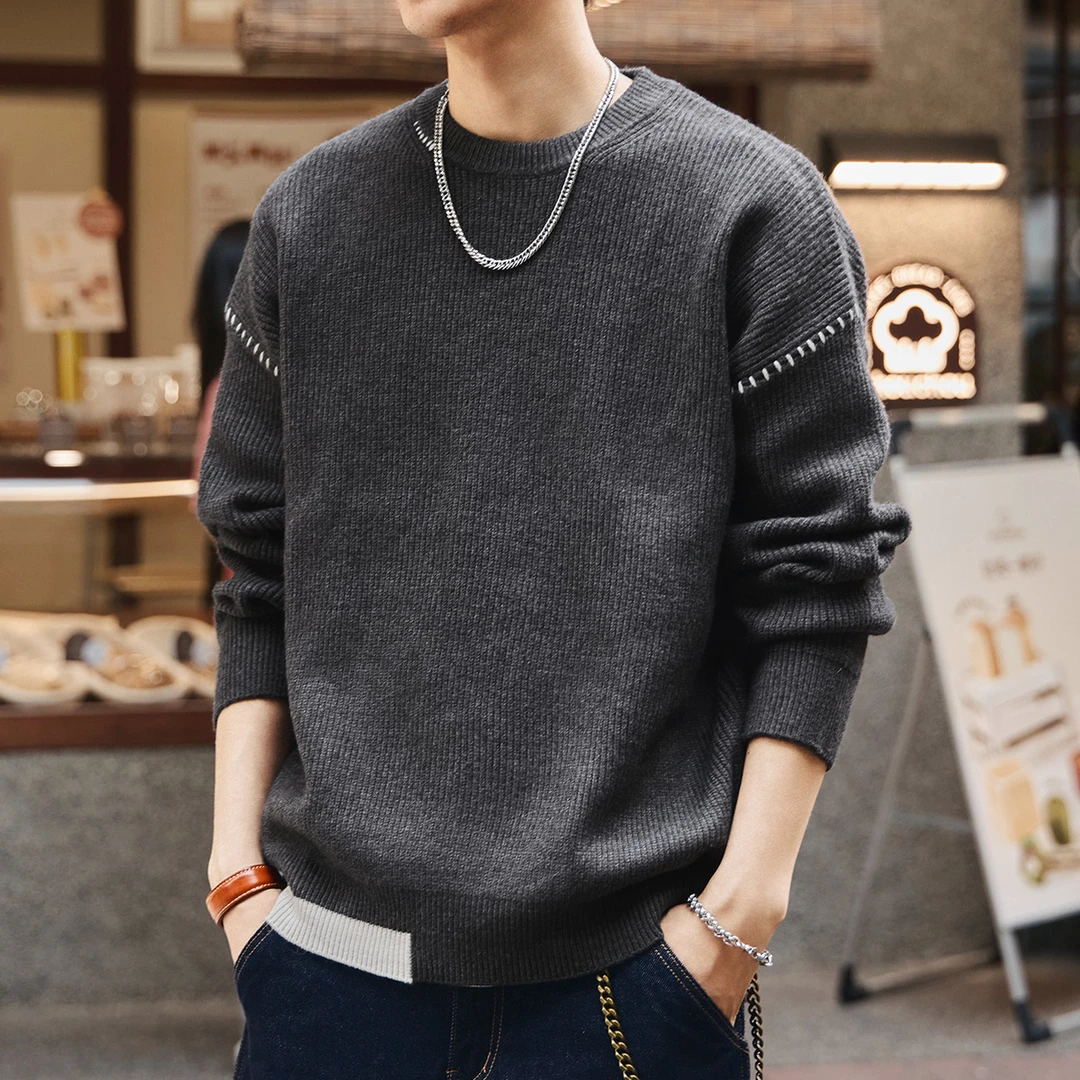 格蓝鹿设计感慵懒风重磅针织毛衣男士秋冬新款保暖宽松圆领打底衫
