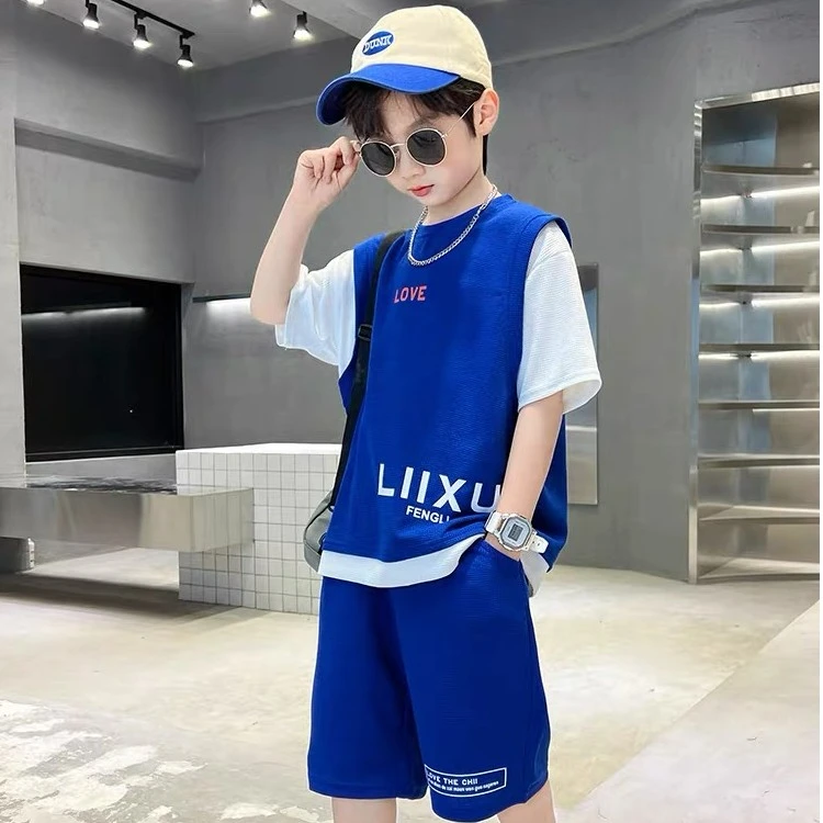 男孩夏季运动休闲两件套2023新款华夫格帅气［362］速干洋气夏款