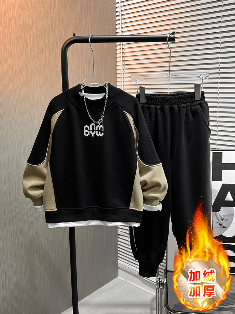 2024冬季新款加绒卫衣套装潮版拼男孩色圆领休闲加厚两件套