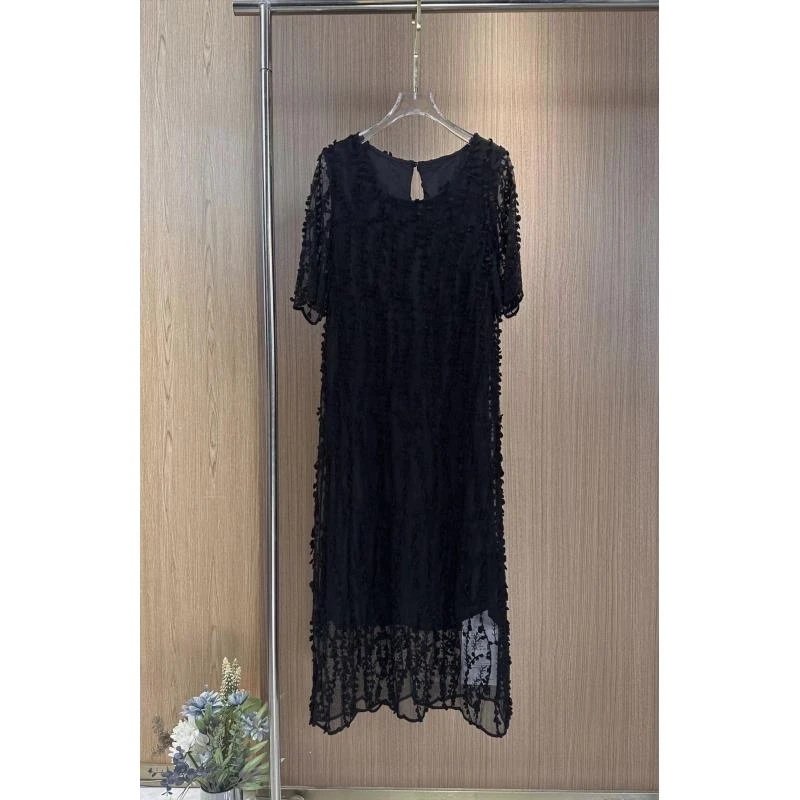 【妮妮专属】夏季手工刺绣剪花蕾丝女装连衣裙D426黑色短袖款