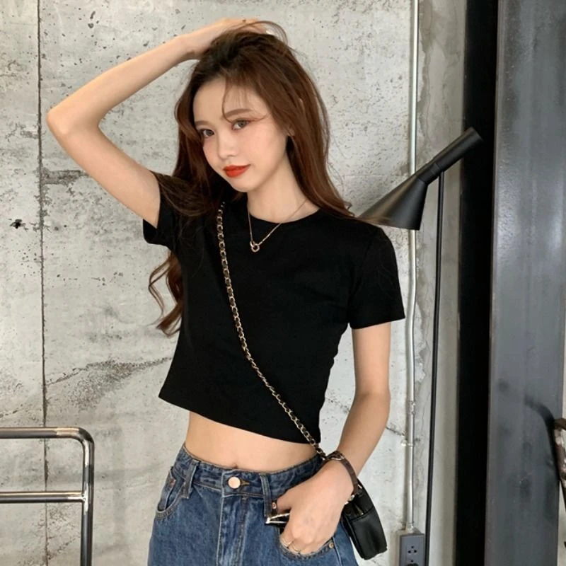 小高领短袖恤女上衣黑色百搭辣妹高腰短款夏季辣妹装小众露脐显瘦