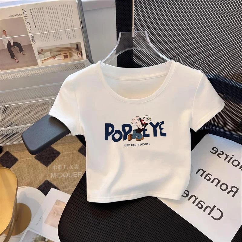 爆款白色印花显瘦露腰高级轻奢上衣短款百搭夏季小众修身洋气女装