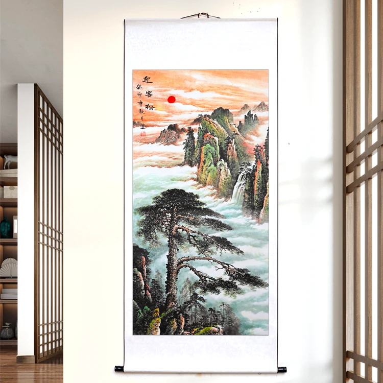 山水画玄关装饰画竖幅卷轴挂画客厅国画办公室墙壁走廊过道风景画