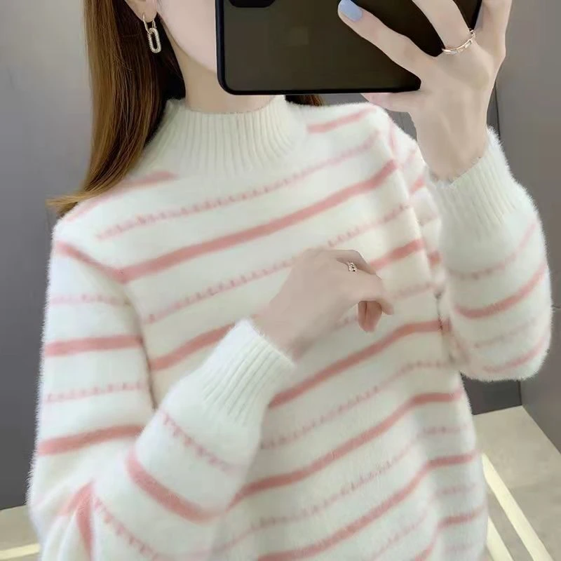 加绒/不加绒条纹毛衣女2024秋冬新款仿水貂绒半高领宽松针织打底