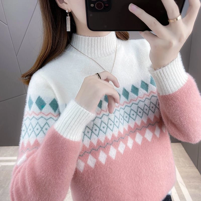 半高领加绒加厚毛衣女2024秋冬韩版宽松学生套头洋气针织打底衫潮