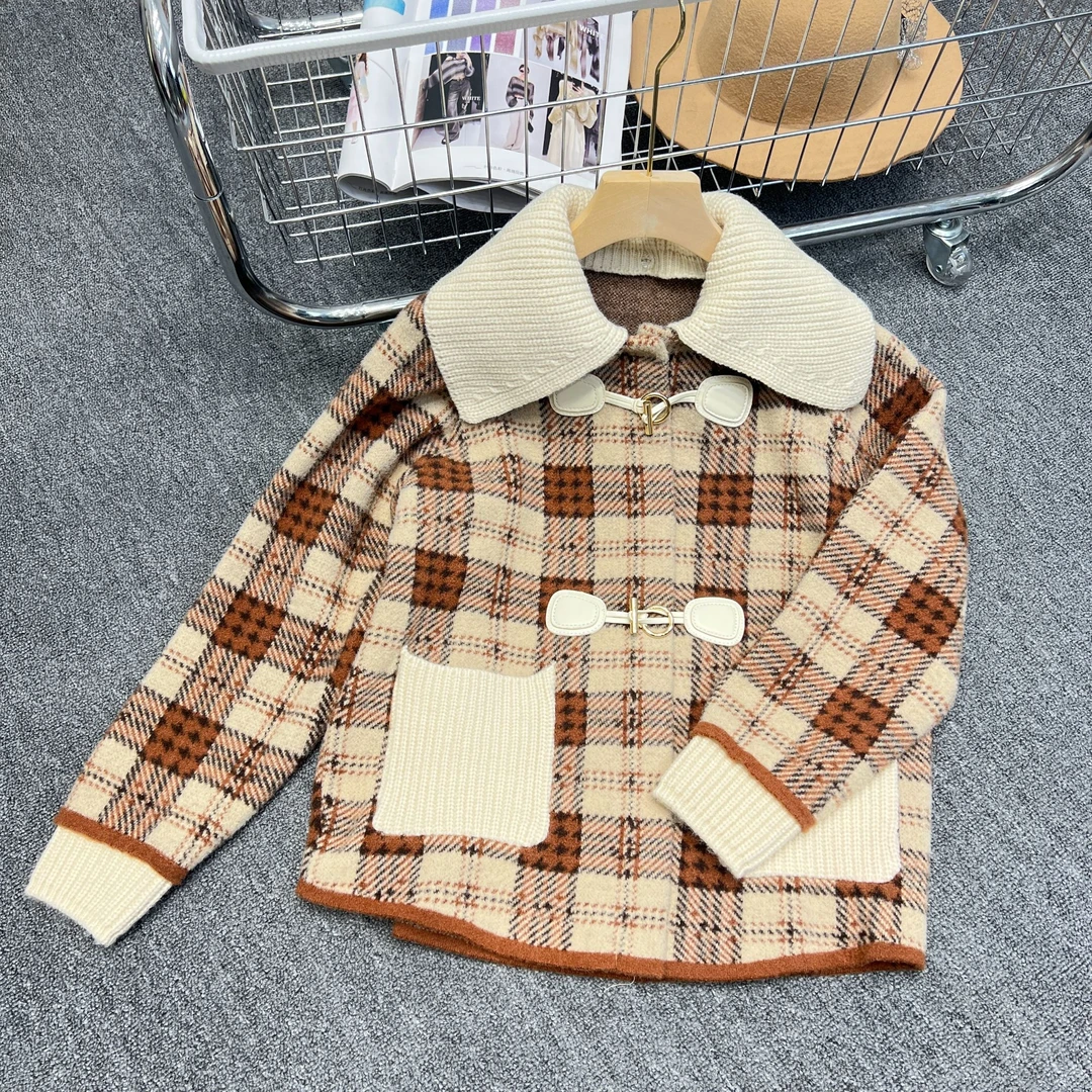 小香风娃娃领毛呢外套女秋冬新款宽松格子领子可拆卸洋气上衣百搭