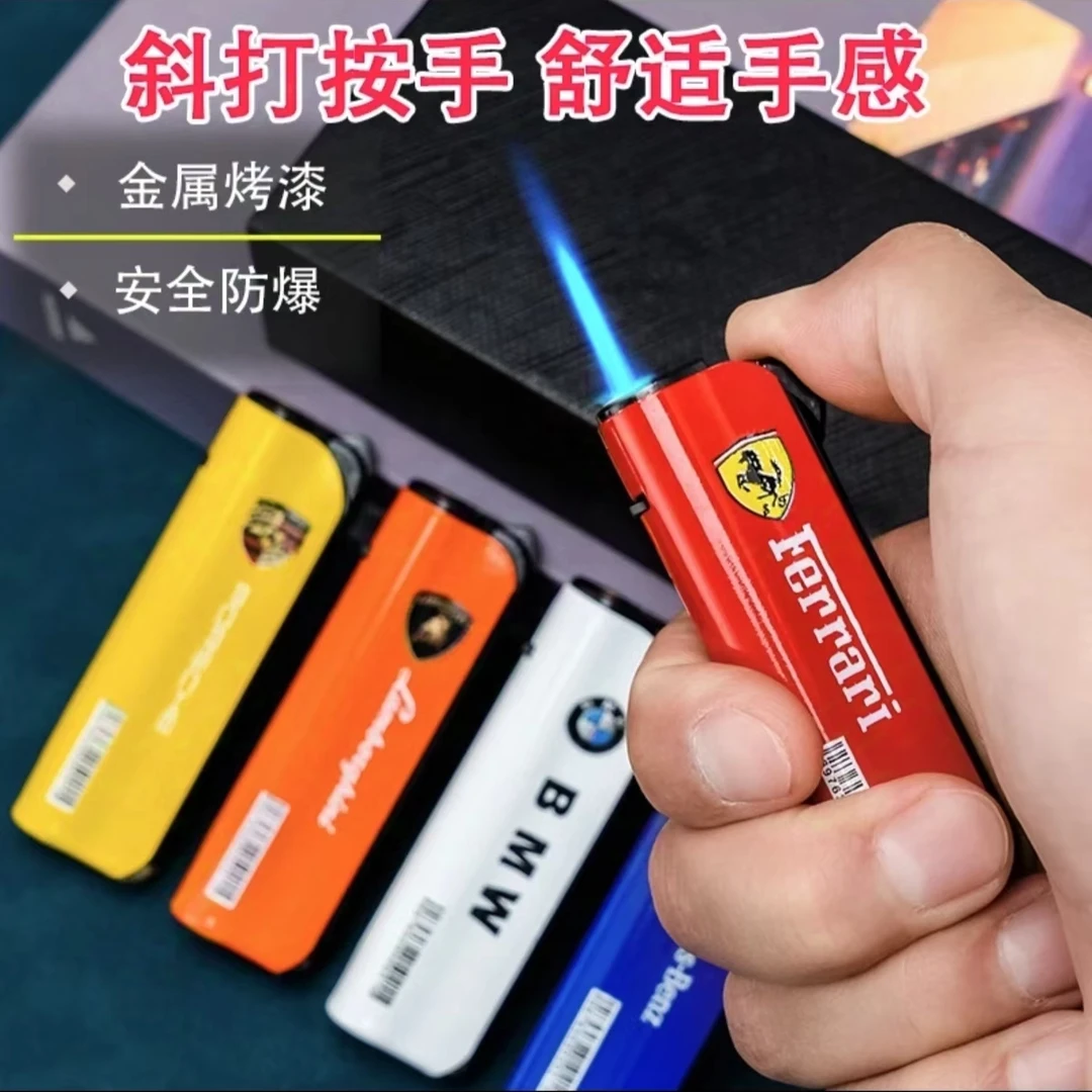 【2024升级款】车标蓝焰金属充气直冲防爆防风打火机超市批发