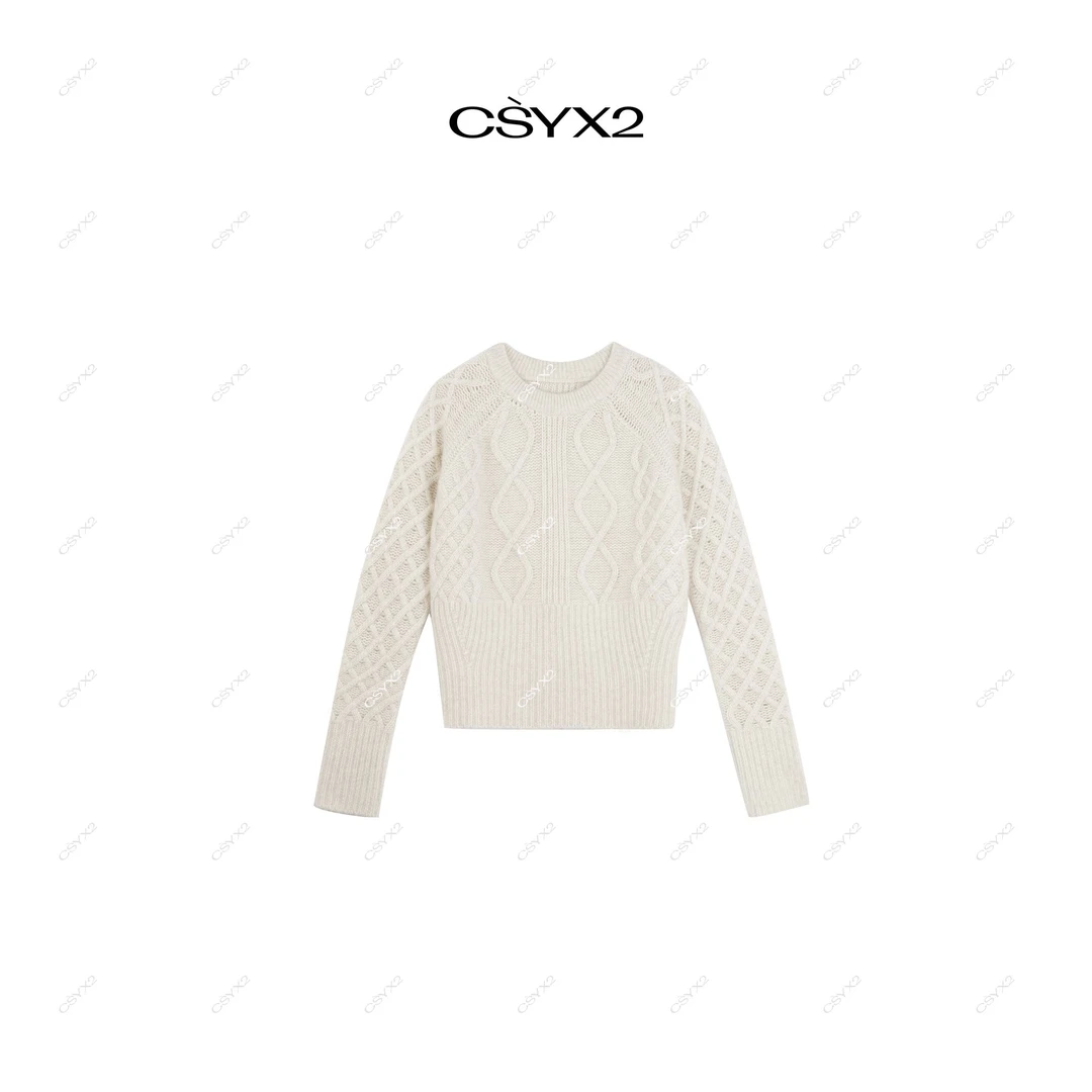 CsyX2-2025S/S早秋新款100牦牛绒圆领纯色纹理菱格竖条慵懒风毛衣