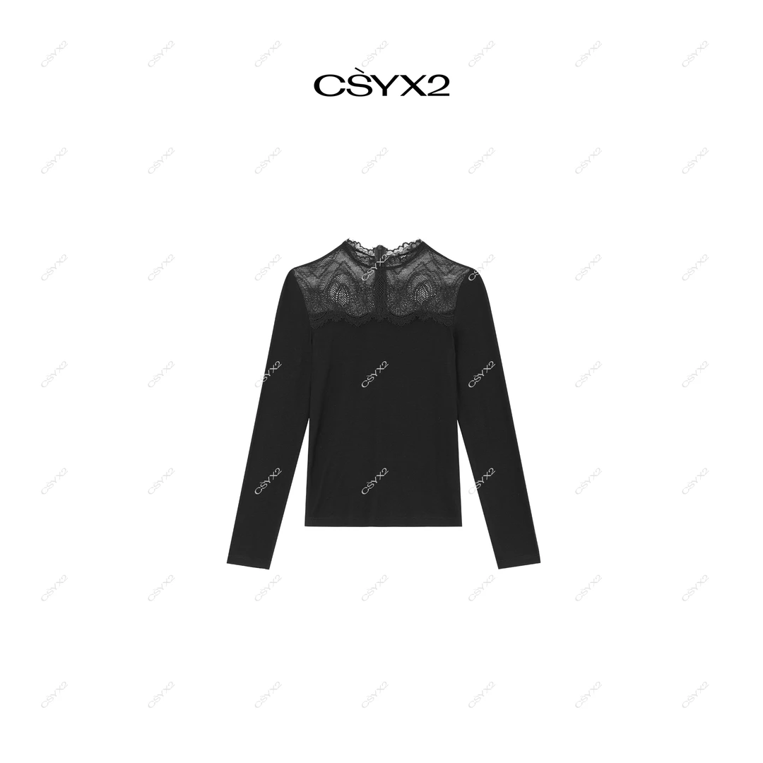 CsyX2-2025A/W 秋冬新款镂空蕾丝拼接袖打底衫CZ4DX011