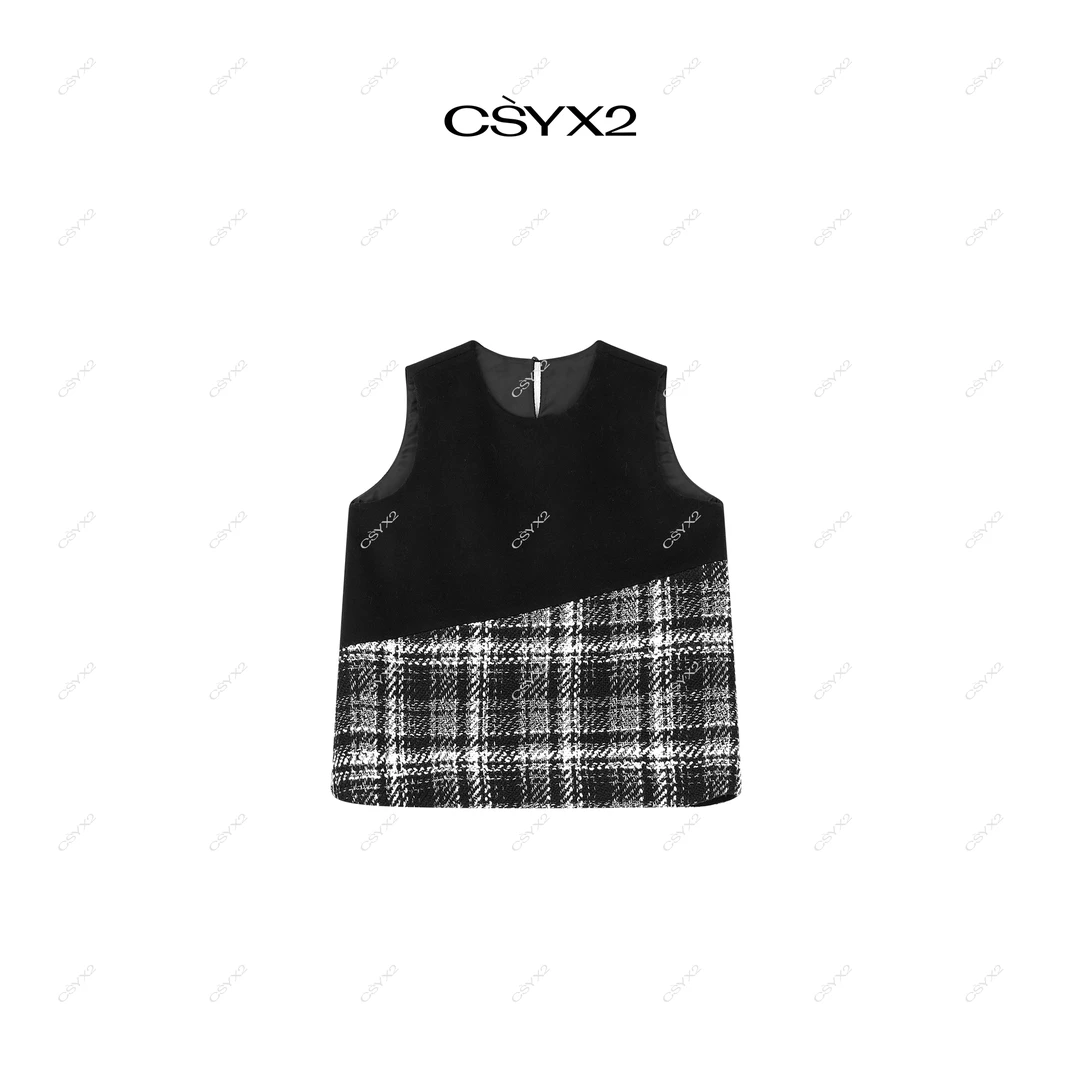 CsyX2-2025A/W 秋冬 撞色格子拼接羊毛背心马甲CZ4DB001