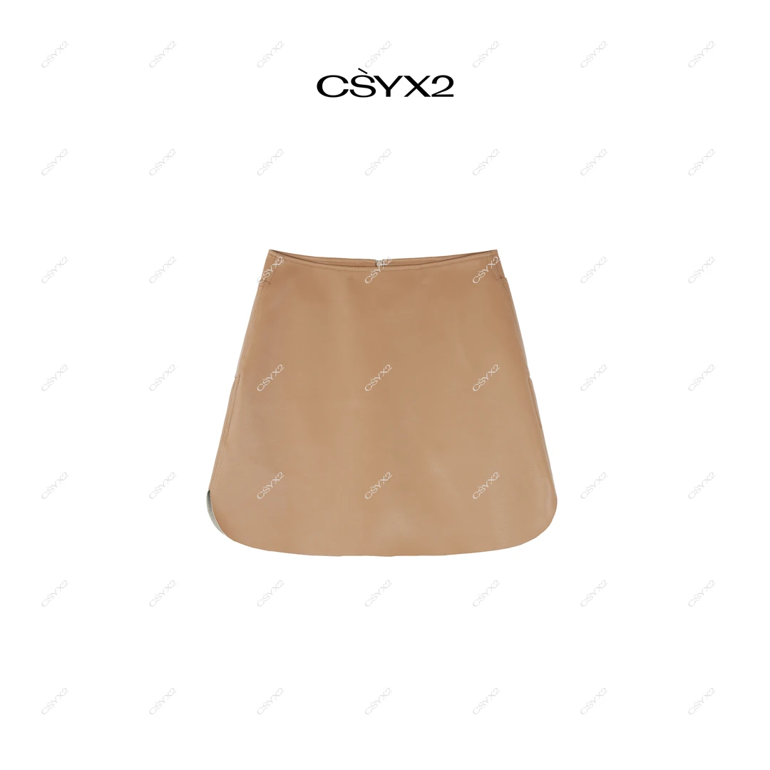 CsyX2-2025秋冬新款轻奢百搭纯色后背拉链皮裙短裙D40802