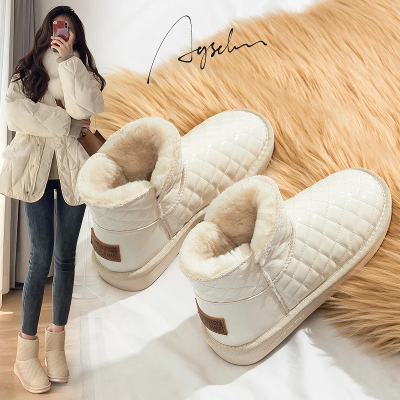 秋冬雪地靴菱格纹皮面小香风冬季加绒加厚保暖短筒靴厚底914042