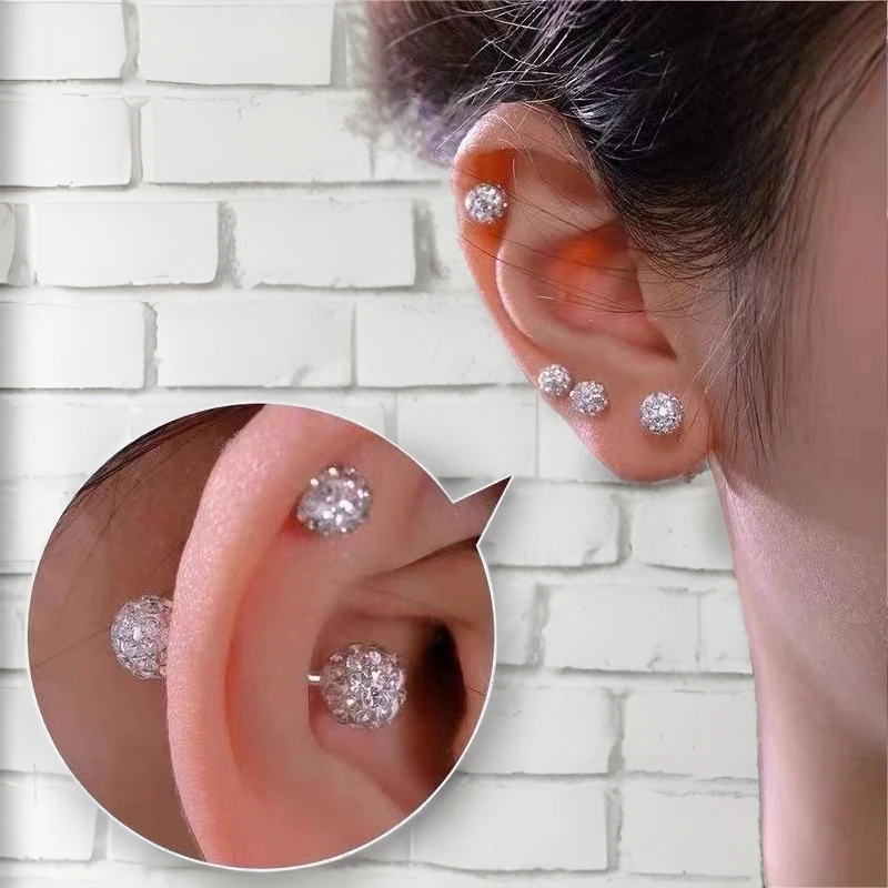 合金耳饰 超闪轻奢养耳洞耳骨钉小众高级感锆石镭射球耳钉个性简