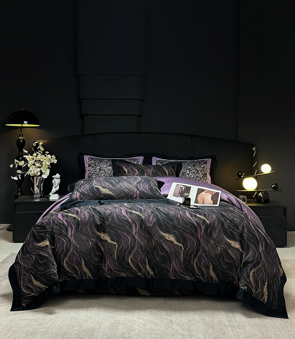 烟雨紫韵】新款设计师款高端轻奢长绒棉色织提花四件套