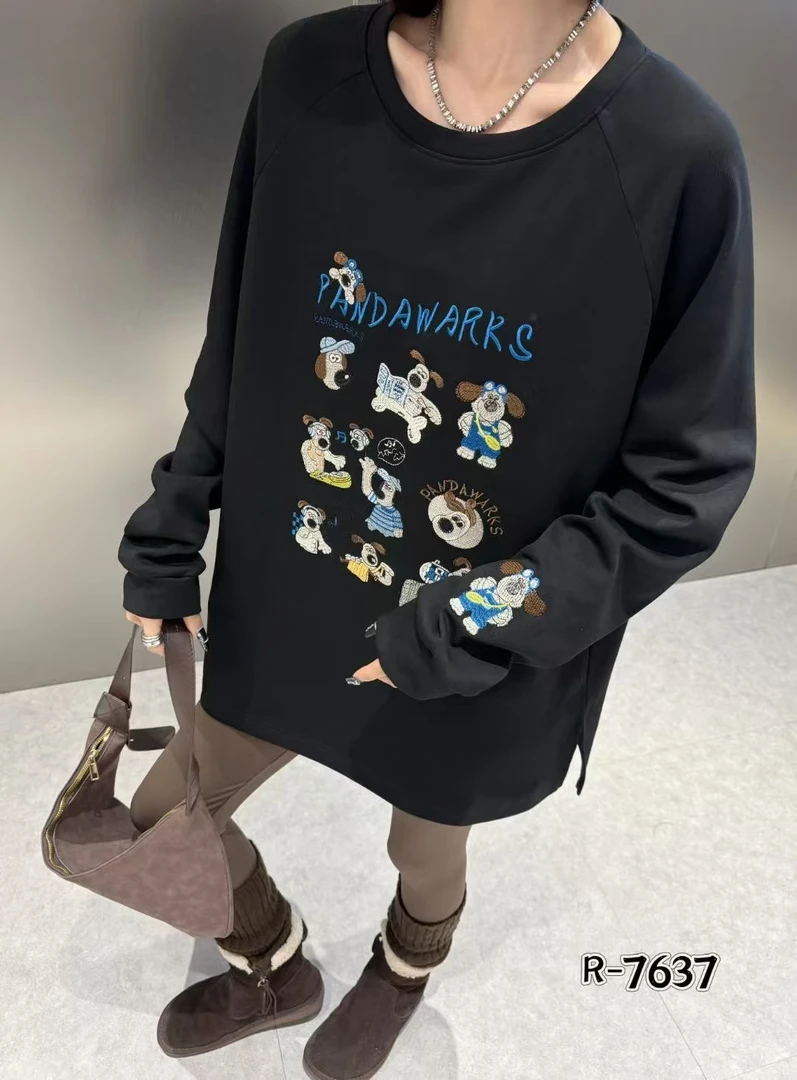 插肩卡通刺绣大版长袖女装卫衣圆领宽松百搭穿到280斤【红人上新】