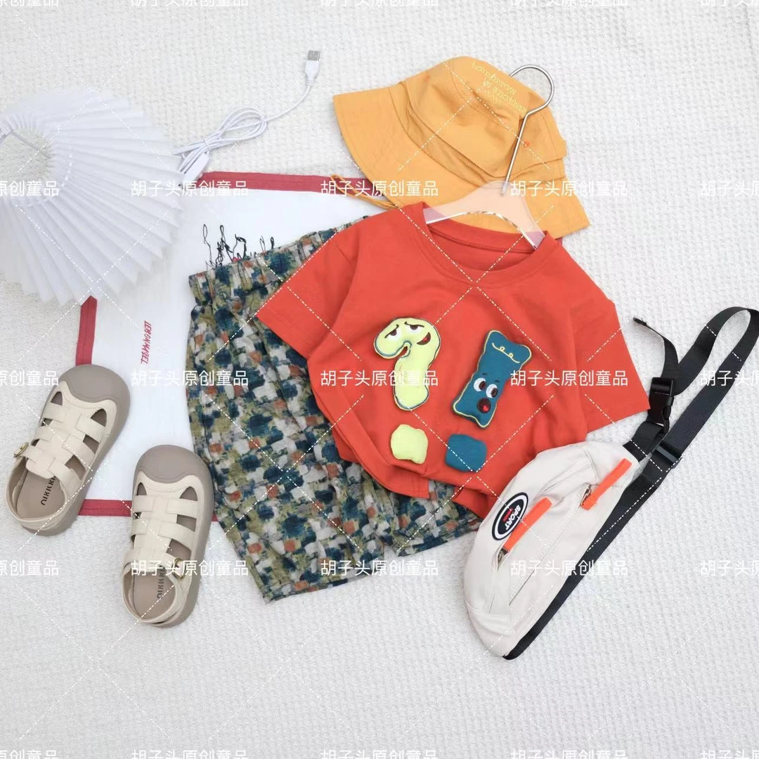 HZT夏季男宝韩版卡通立体符号人物短袖套装H-1120