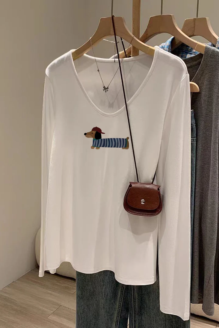 长袖t恤女白色2025早秋季新款V领正肩宽松百搭松弛垂感打底衫上衣