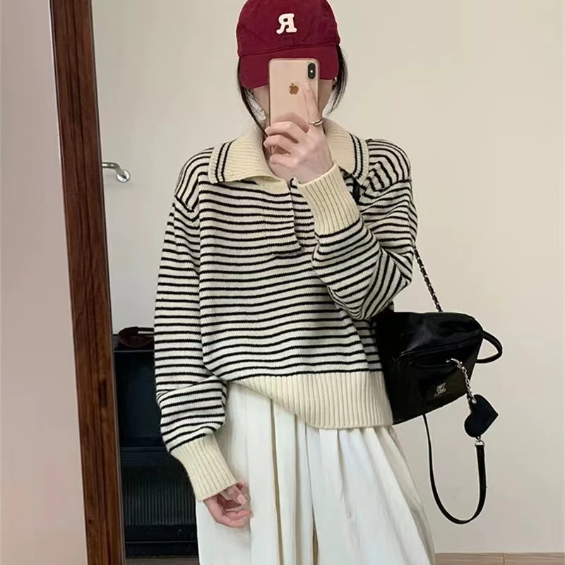 条纹套头毛衣女秋冬新款Polo领显瘦百搭短款针织衫上衣