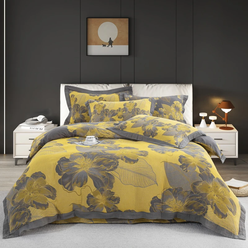 【琳桥】-池晚莲芳-A类全棉双层纱色织提花四件套柔软亲肤纱布