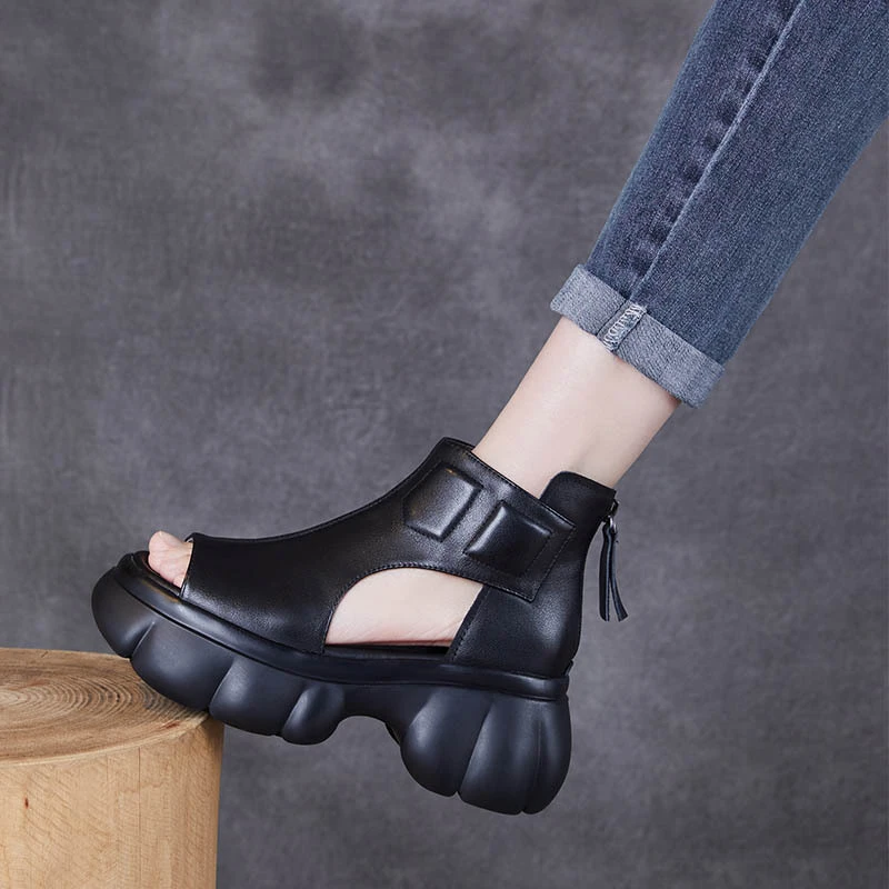 2024年新款时尚百搭透气夏季复古软底镂空厚底凉鞋松糕底凉靴女