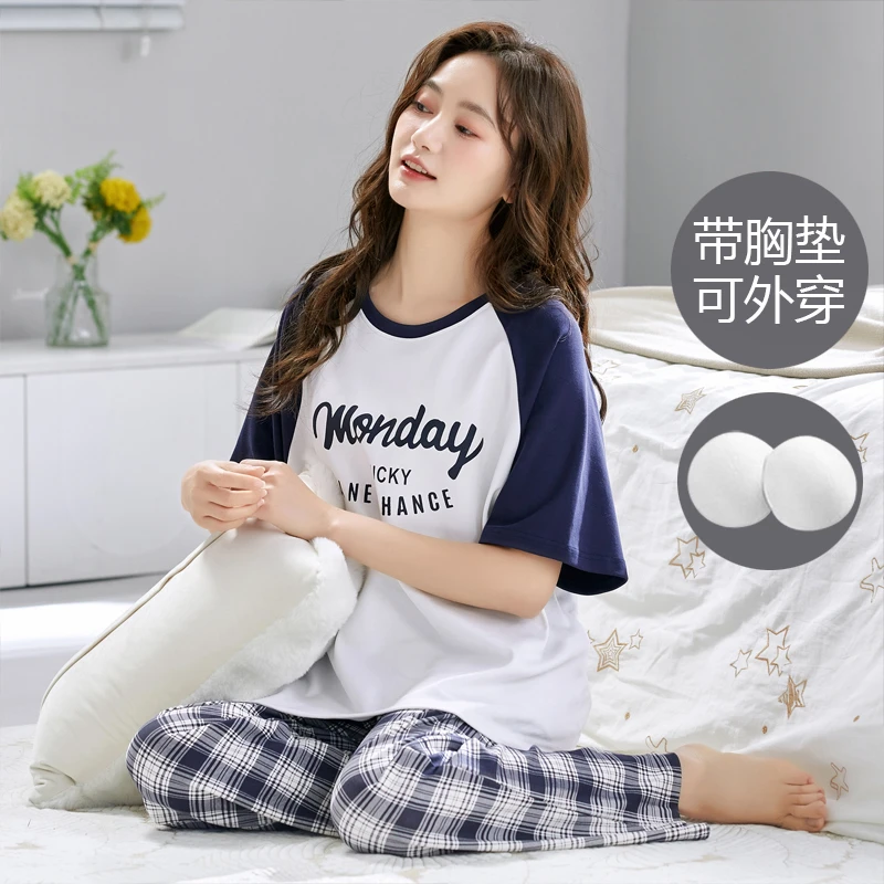 带胸垫防凸点睡衣少女短袖长裤夏季可爱卡通学生宽松家居服套装夏