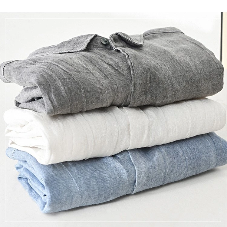 【复古压皱纯亚麻】亚麻长袖衬衫情侣款宽松暗扣方领衬衣春秋