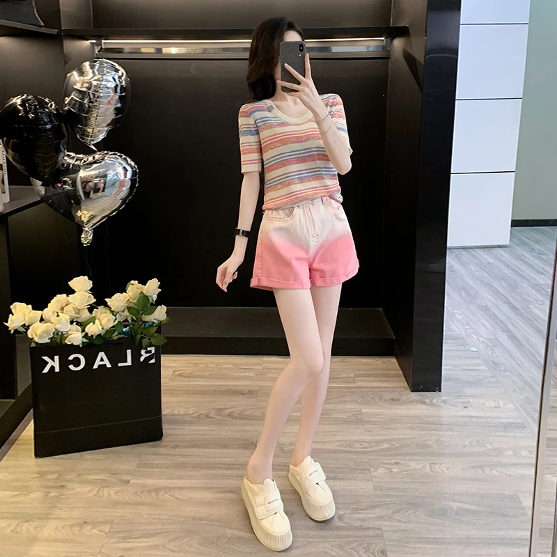 针织衫上衣休闲时尚套装女夏2024新款多巴胺洋气减龄渐变牛仔短裤