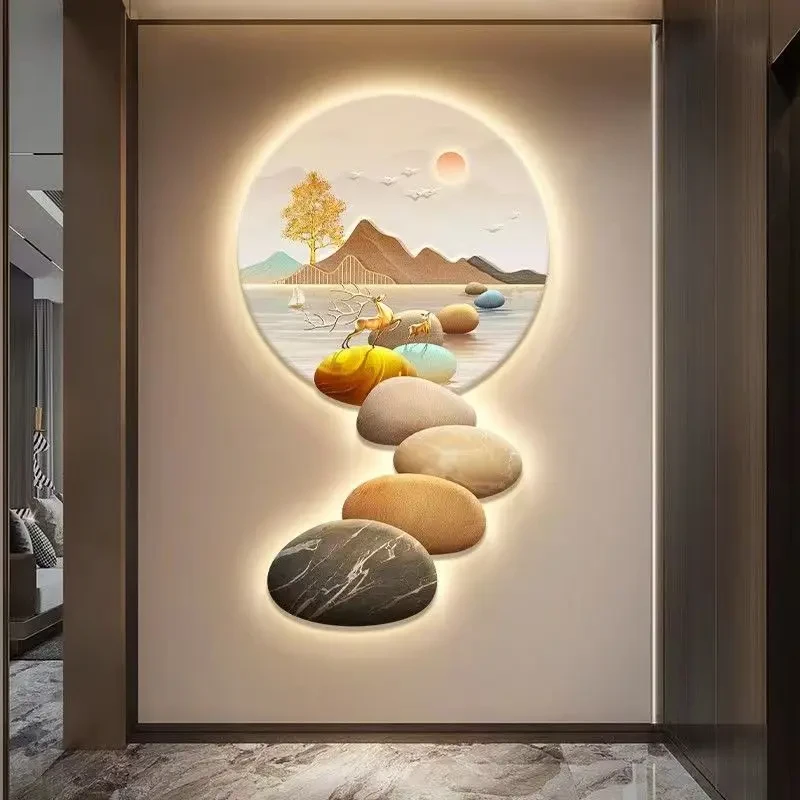 石来运转玄关装饰画轻奢高档入户墙面挂画新中式山水过道走廊壁画