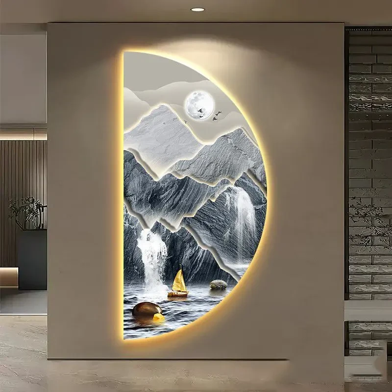 流水生财新中式玄关装饰画led灯走廊过道挂画客厅山水画半圆壁灯
