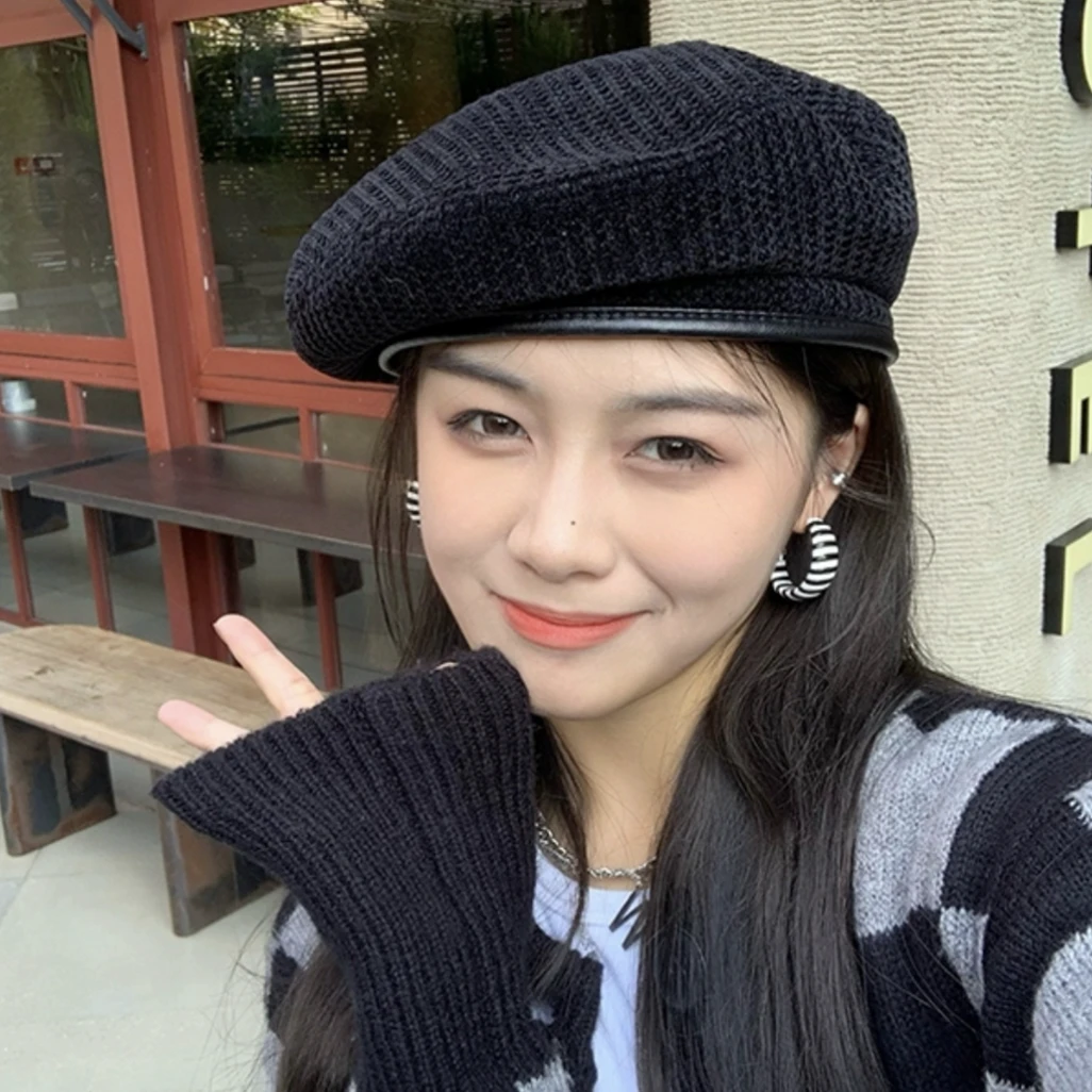 贝雷帽女秋冬季百搭韩版时尚风修饰脸型黑色画家帽青年圆顶休闲帽