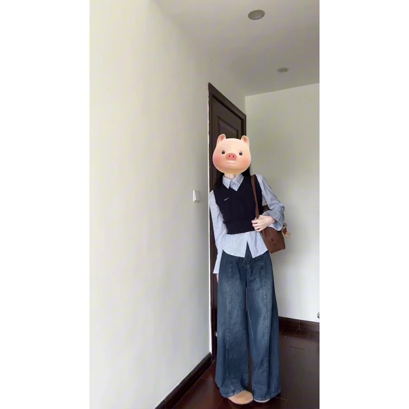 秋冬设计感短款针织马甲背心长袖衬衫复古深牛仔裤高腰阔腿裤长裤