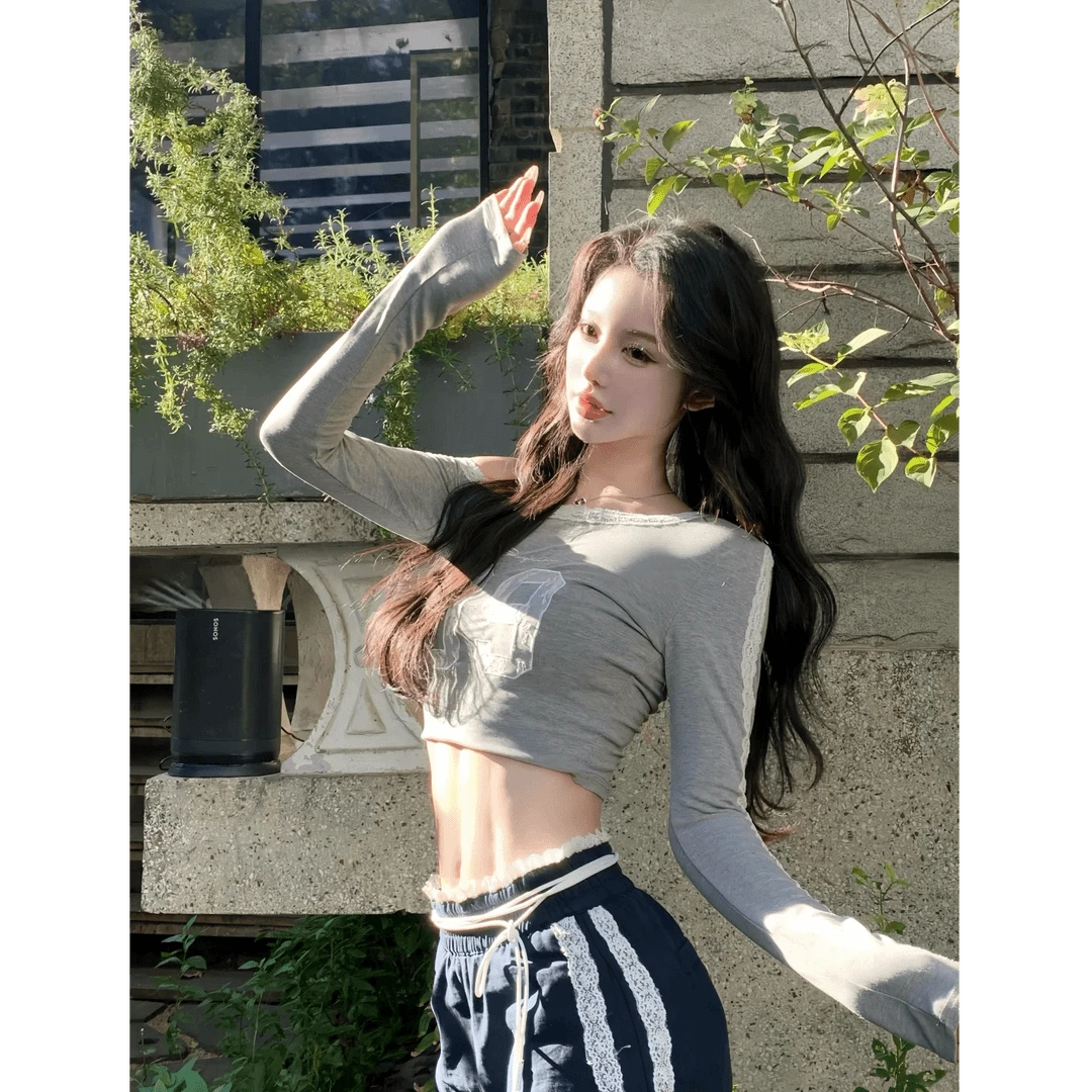 秋季韩系辣妹纯欲风一字肩蕾丝花边长袖上衣女高腰直筒阔腿休闲裤