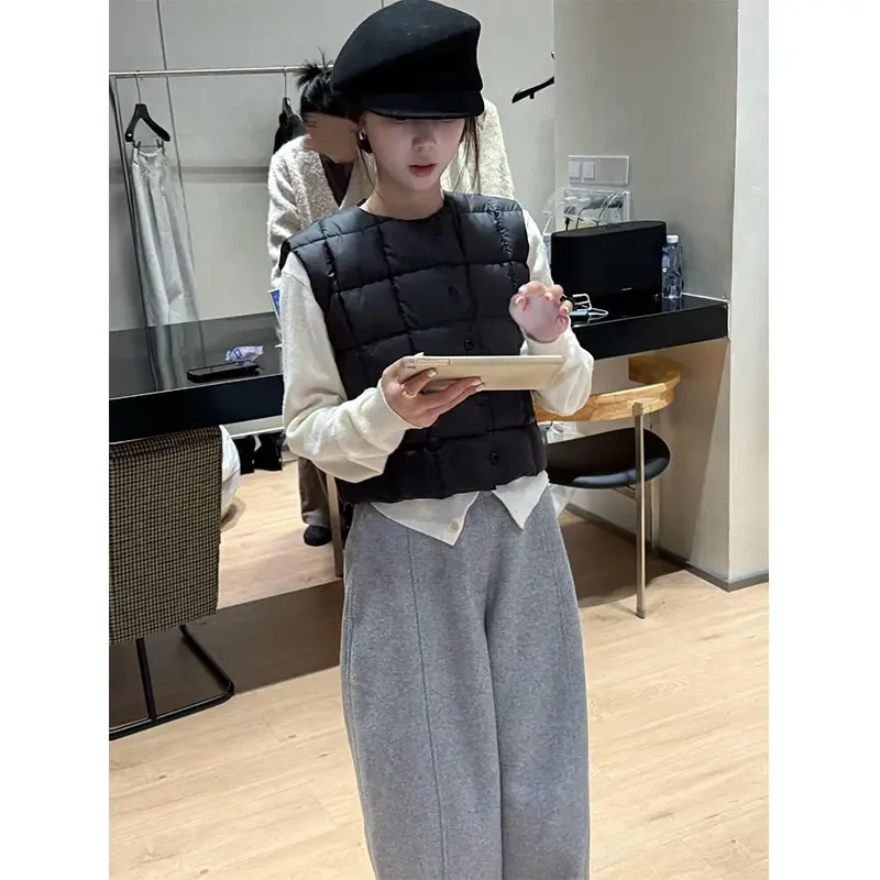 秋冬新款简约休闲修身内搭长袖针织衫宽松马甲上衣高腰直筒阔腿裤