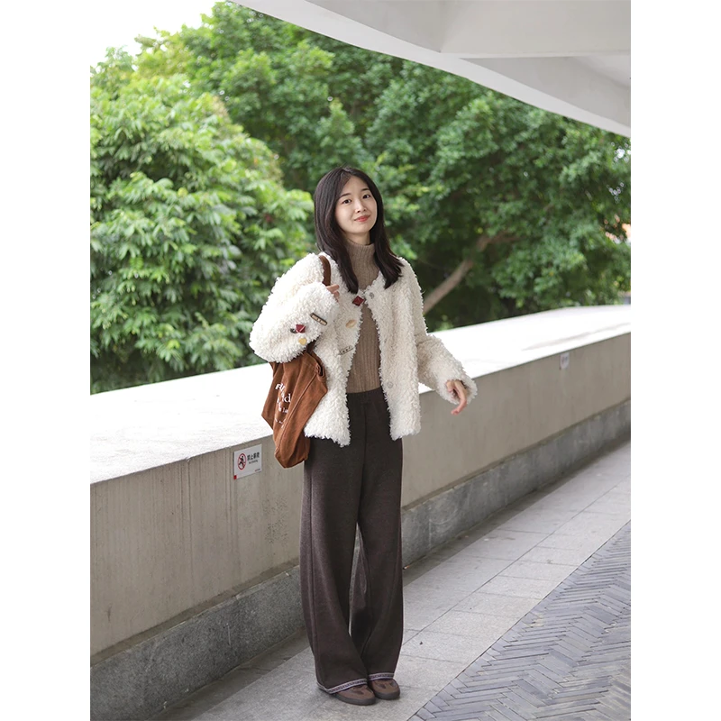 毛毛外套短款保暖时尚圆领上衣高腰宽松阔腿百搭垂感直筒拖地裤子