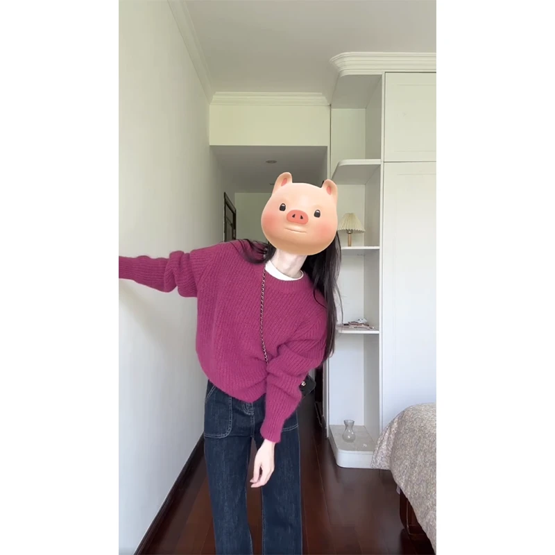 时尚穿搭秋季圆领长袖韩版显瘦百搭小众针织女士上衣直筒休闲裤