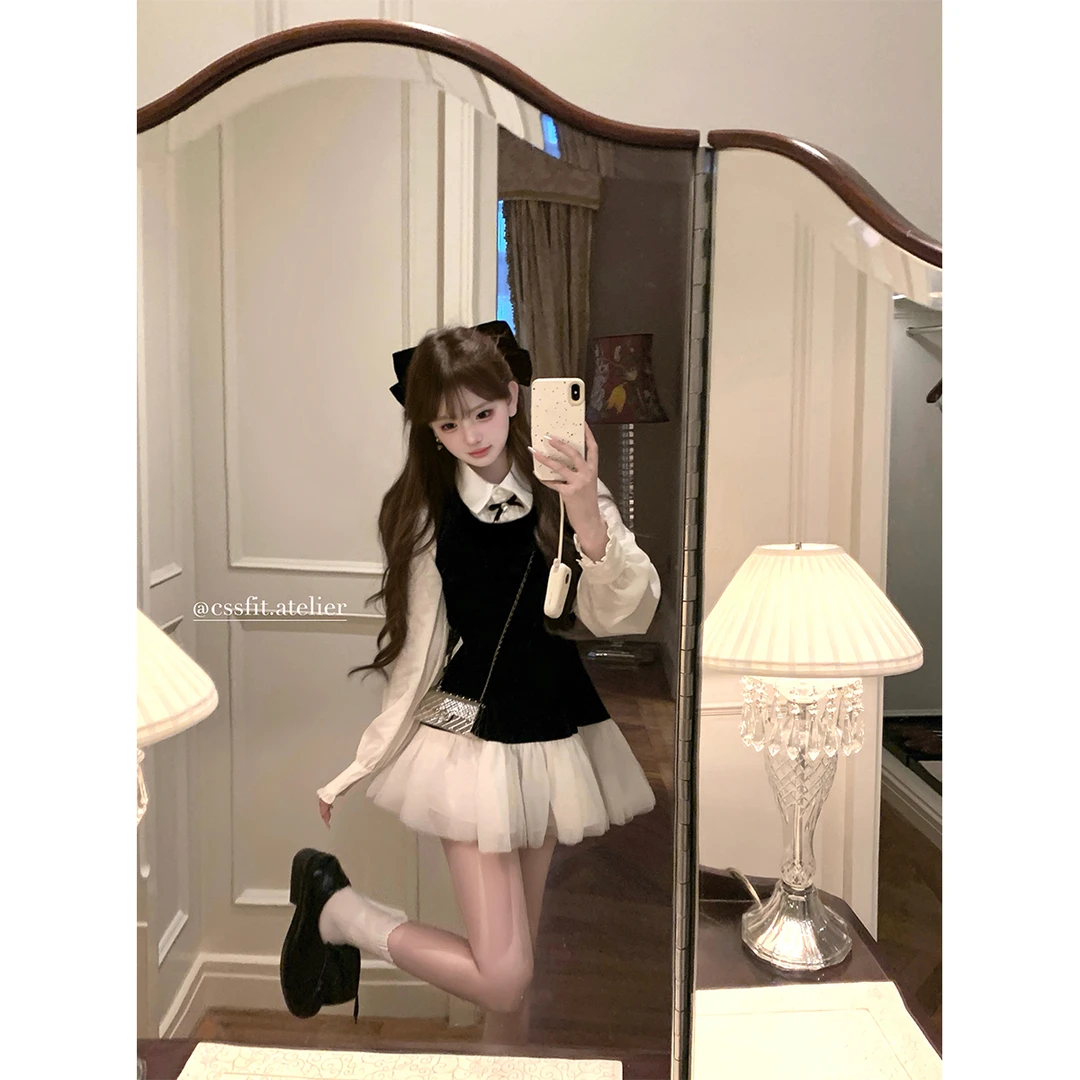 蝴蝶结衬衫内搭丝绒拼接无袖背心连衣裙修身显瘦百搭a字蓬蓬裙女