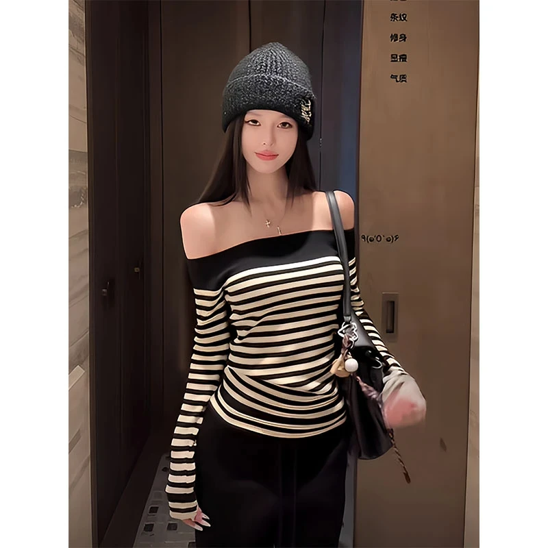 2024秋季新款美式气质辣妹露肩条纹长袖针织上衣高腰直筒休闲长裤