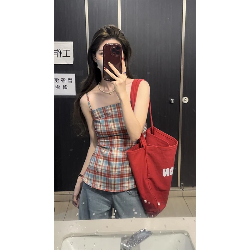 2024时尚气质夏季显瘦百搭格子条纹无袖女士上衣高腰阔腿牛仔裤