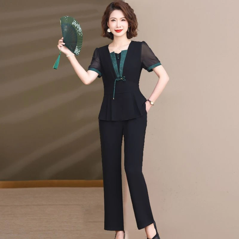 中国风盘扣休闲套装妈妈夏季时尚中老年女洋气大码雪纺短袖两件套