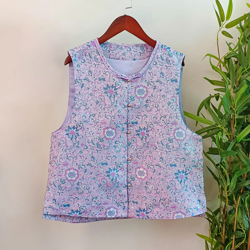 【缠枝莲花】桑蚕丝新中式国风紫色一字扣马甲秋季女士时尚马夹