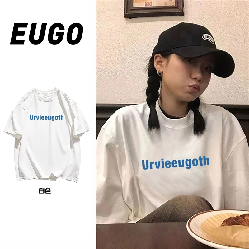 EUGO白色纯棉短袖T恤女夏季宽松美式复古潮流印花体恤ins时尚学生