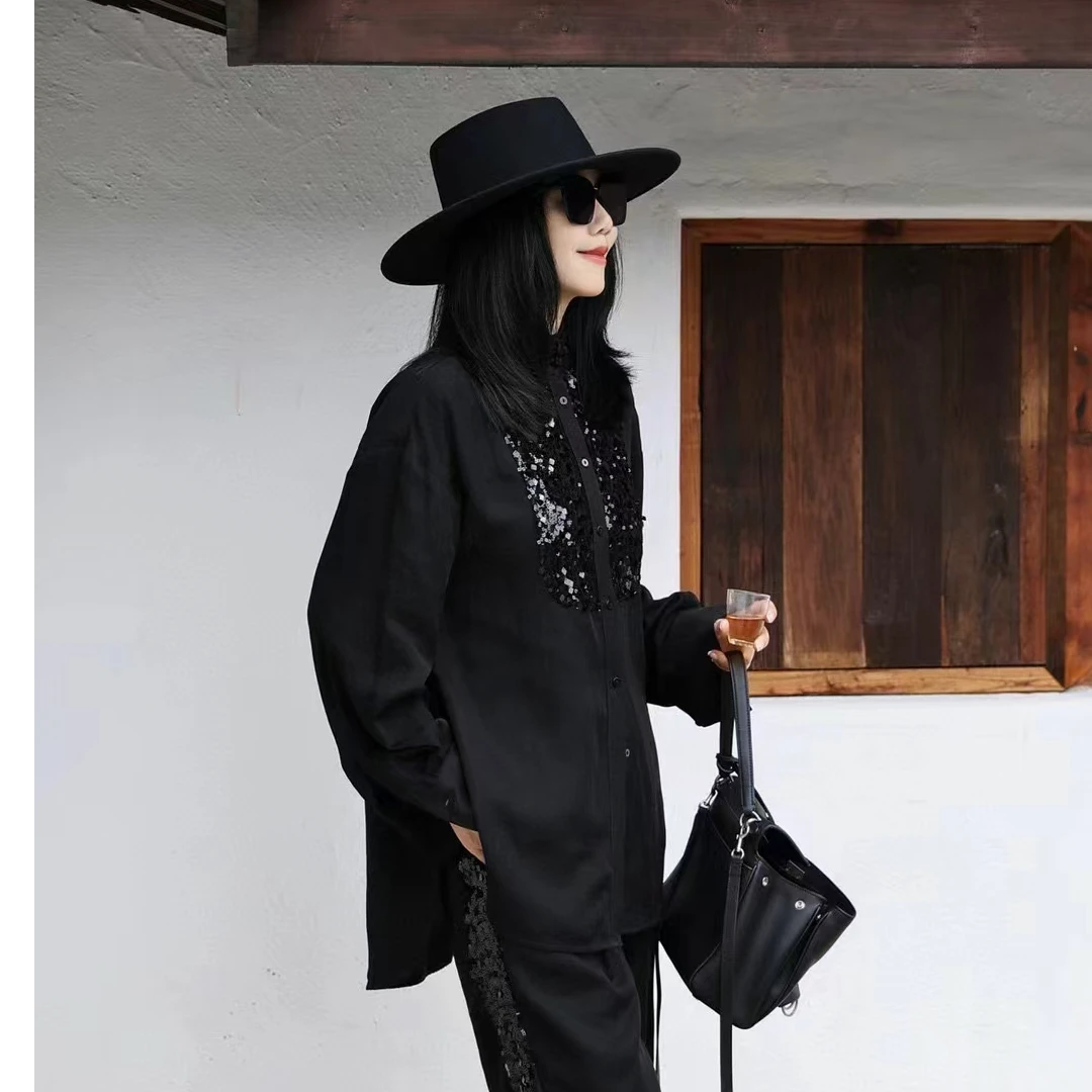 2024早秋新款重工珠片拼接衬衣直筒阔腿裤套装